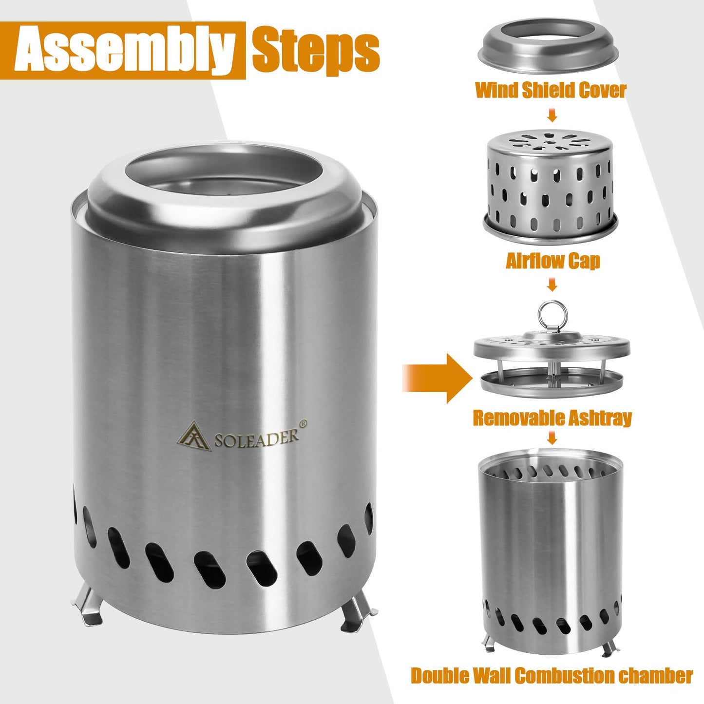 SOLEADER Tabletop Fire Pit with Stand,Low Smoke Camping Stove for Outdoor & Patio,Safe Burning Smokeless Firepit,Stainless Steel Stove Bonfire,Fueled by Pellets or Wood,Travel Bag Included 7.9 x 5.5in