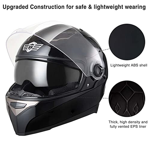 AHR Motorcycle Full Face Helmet Dual Visor Street Bike Lightweight DOT Approved Helmet Snowmobile Touring Sports for Adult RUN-F (Black, Large)