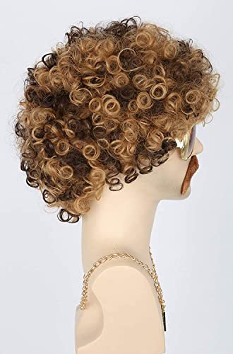 Topcosplay 3 Pieces Set Men Wigs Necklace Moustache Short Curly Halloween Wigs Blonde Mixed Brown