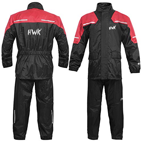 HWK Motorcycle Rain Suit For Men & Women Gear Jackets & Pants Reflective Waterproof Rainsuit (Red, X-Large)