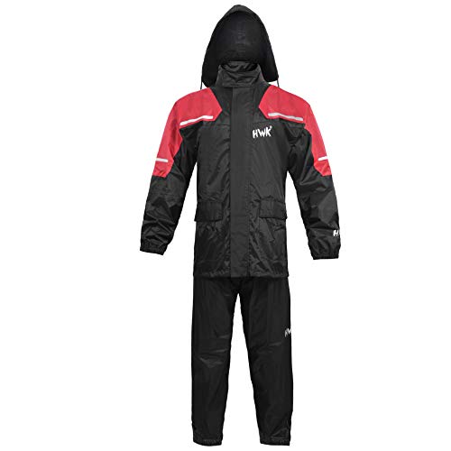 HWK Motorcycle Rain Suit For Men & Women Gear Jackets & Pants Reflective Waterproof Rainsuit (Red, X-Large)