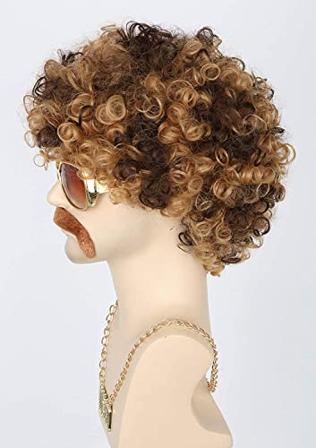 Topcosplay 3 Pieces Set Men Wigs Necklace Moustache Short Curly Halloween Wigs Blonde Mixed Brown