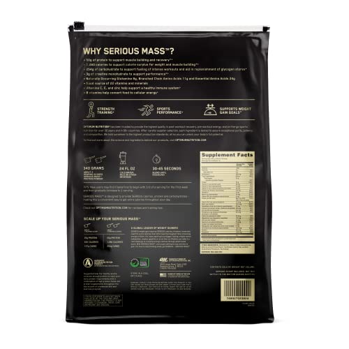 Optimum Nutrition Serious Mass Weight Gainer Protein Powder Vitamin C Zinc and Vitamin D for Immune Support Vanilla 12 Pound (Packaging May Vary)