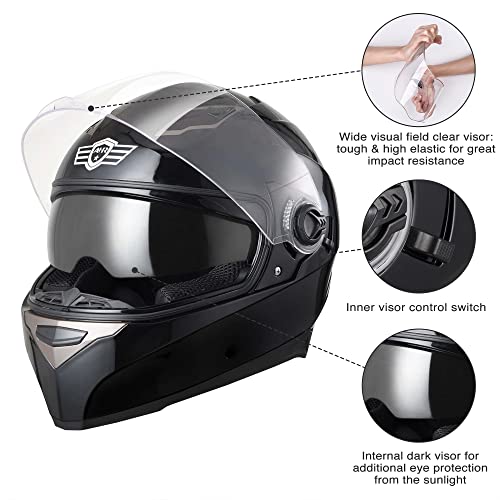 AHR Motorcycle Full Face Helmet Dual Visor Street Bike Lightweight DOT Approved Helmet Snowmobile Touring Sports for Adult RUN-F (Black, Large)