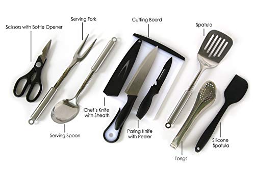 Camp Cooking Utensil Set & Outdoor Kitchen Gear-10 Piece Cookware Kit, Portable Compact Carry Case -for Camping, Hiking, RV, Travel, BBQ, Grilling-Stainless Steel Accessories- Fork, Spoon, Knife, etc