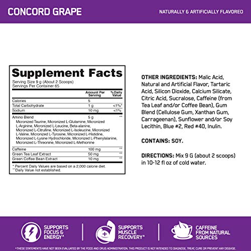 Optimum Nutrition Amino Energy - Pre Workout with Green Tea, BCAA, Amino Acids, Keto Friendly, Green Coffee Extract, Energy Powder - Concord Grape, 65 Servings (Packaging May Vary)