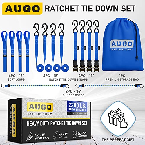 AUGO Ratchet Tie Down Straps –4 PK– 15 FT – 2,200 LB Break Strength – Safety Lock S Hooks –for Moving Cargo, Appliances, Lawn Equipment, Motorcycle – Includes 2 Bungee Cords, 4 Soft Loops, Storage Bag