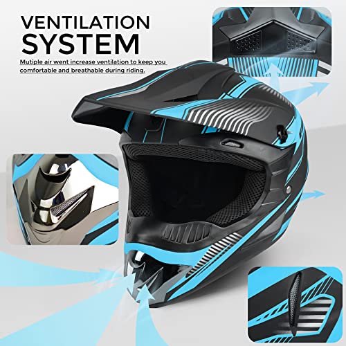 Motocross Helmet,Adult &Youth Trend Full Face Helmet,ATV Motorcycle Helmet,Dirt Bike Downhill Off-Road Mountain Bike Helmet,DOT Certified,4-Piece Set (Blue, M)