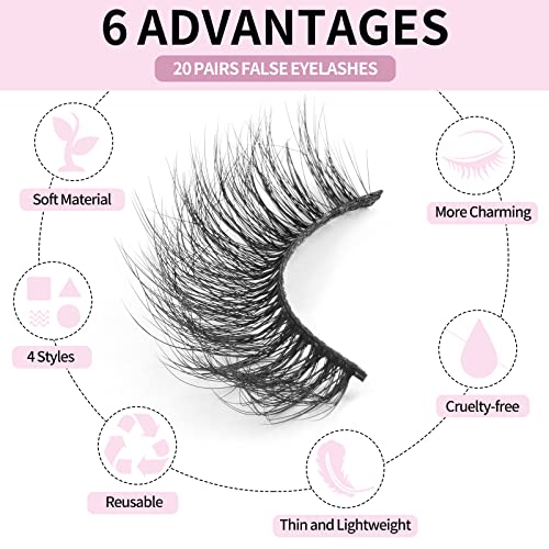 Eyelashes, MAGEFY 20 Pairs 4 Styles Lashes Faux Mink Lashes Pack Fluffy False Eyelashes 3D Fake Eyelashes