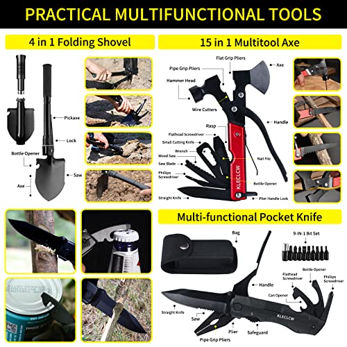 Survival Kit and First Aid kit, 160 Pcs Emergency Supplies Camping Accessories with Upgraded Molle Bag, Including Hatchet Shovel Pliers Lantern, Gifts for Men Outdoor Adventure Camping Hiking Hunting