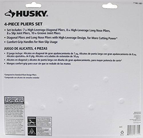 Husky 861461 4 Piece High Leverage Multi-Use Pliers Set with Diagonal, Long Nose, Slip Joint, and Groove Joint Pliers