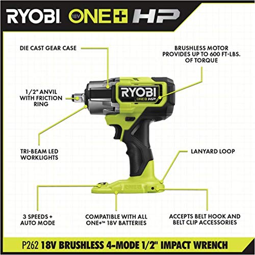 RYOBI - ONE+ HP 18V Brushless Cordless 4-Mode ½ in. Impact Wrench (Tool Only) - P262