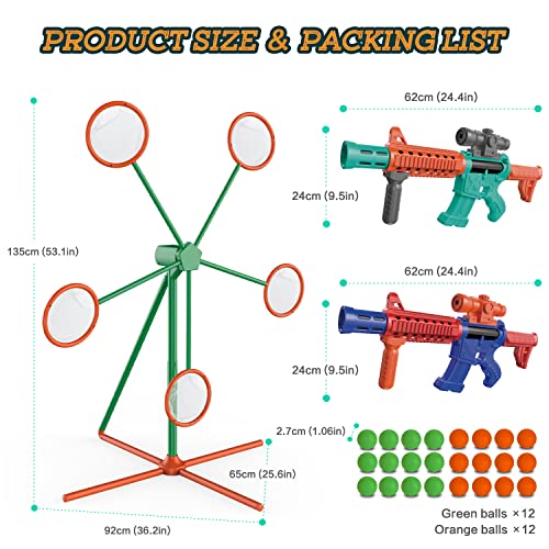 Shooting Games Toys for Age 5 - 6 7 8 9 10 + Year Old Boys, Kids Toy Sports & Outdoor Game with Moving Shooting Target & 2 Popper Air Toy Guns & 24 Foam Balls, Gifts for Boys and Girls