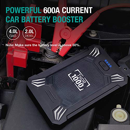 Car Battery Jump Starter Portable - 600A Peak Waterproof 12V Portable Battery Booster Pack (up to 4.0L Gas Or 2.0L Diesel Engine) Safe Auto Power Bank with USB Port, Smart Clamps & LED Flashlight