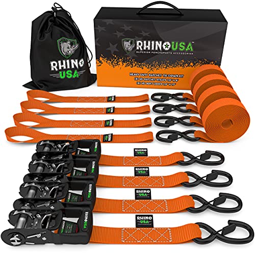 RHINO USA Ratchet Straps Tie Down Kit, 5,208 Break Strength - Includes (4) Heavy Duty Rachet Tiedowns with Padded Handles & Coated Chromoly S Hooks + (4) Soft Loop Tie-Downs