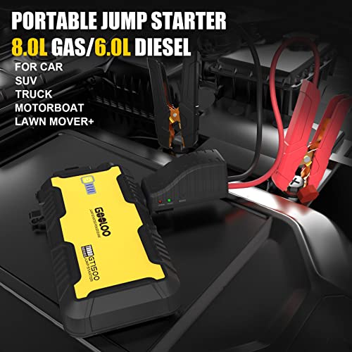 GOOLOO Car Jump Starter, 1500A 12-Volt Supersafe Lithium Battery Booster for Up to 8.0L Gas & 6.0L Diesel Engines, Portable Water-Resistant Car Battery Charger Jump Box with USB Quick Charge, Yellow