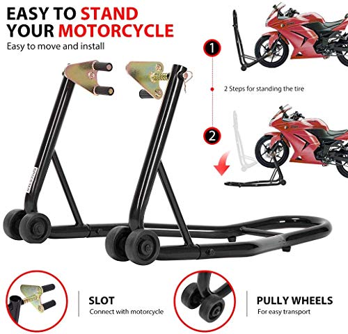 SPECSTAR Heavy Duty Motorcycle Front Rear Wheels Lift Universal Sport Bike Swingarm Spool Paddock Stand Combo for Suzuki Yamaha Honda Kawasaki Black