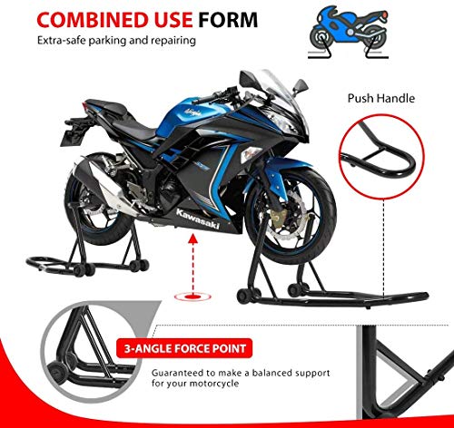SPECSTAR Heavy Duty Motorcycle Front Rear Wheels Lift Universal Sport Bike Swingarm Spool Paddock Stand Combo for Suzuki Yamaha Honda Kawasaki Black