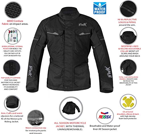 HWK Adventure/Touring Motorcycle Jacket For Men Textile Motorbike CE Armored Waterproof Jackets ADV 4-Season (Black, Large)