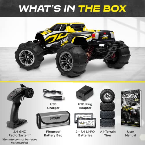 LAEGENDARY Fast RC Cars for Adults and Kids - 4x4, Off-Road Remote Control Car - Battery-Powered, Hobby Grade, Waterproof Monster RC Truck - Toys and Gifts for Boys, Girls and Teens Black - Yellow