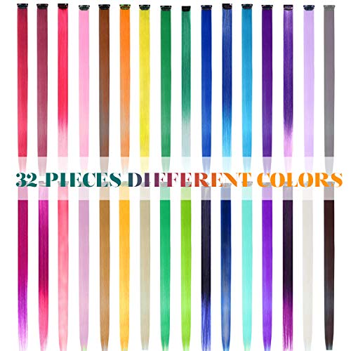 BEAHOT 32 PCS Colored Clip in Hair Extensions 20 Inch Rainbow Long Straight Hairpieces Clip in Synthetic, Halloween Cosplay Dress Up Fashion Party Christmas New Year Gift for Women Kids Girls