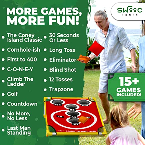 SWOOC Games - Coney Island Toss - Boardwalk Inspired Cornhole Bounce Game with Carrying Case (15+ Games Included) - PVC Corn Hole Bean Bag Toss Game for Kids - Corn Holes Outdoor Game Set