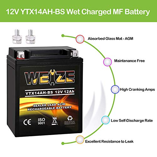 Weize YTX14AH-BS High Performance - Maintenance Free-Sealed AGM ATV Motorcycle Battery for Polaris Sportsman 570 Trail Blazer 250 Ranger 400 500 Suzuki King Quad 300 QuadRunner 250