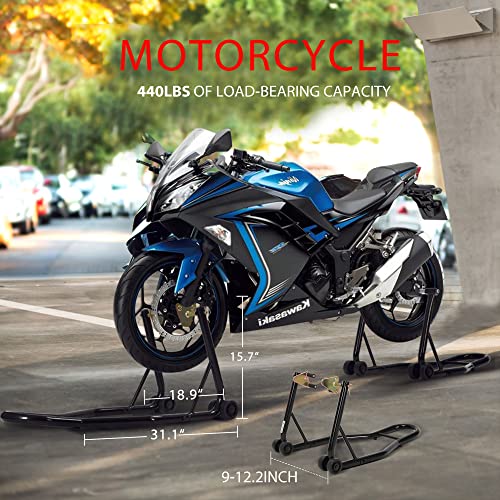 SPECSTAR Heavy Duty Motorcycle Front Rear Wheels Lift Universal Sport Bike Swingarm Spool Paddock Stand Combo for Suzuki Yamaha Honda Kawasaki Black