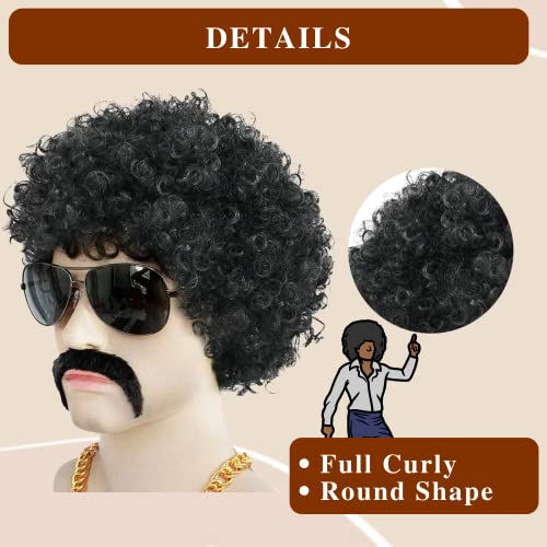 ANOGOL Wig Cap+ { 1 Gold Necklace + 1 Black Beard } Short Black Curly Wig for Men Synthetic Wig for 80s Disco Wig Halloween Christamas party