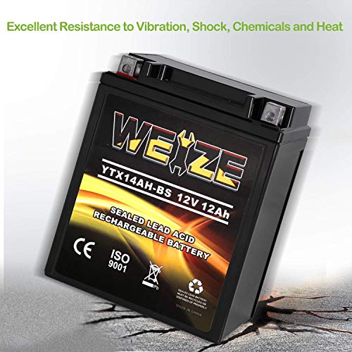 Weize YTX14AH-BS High Performance - Maintenance Free-Sealed AGM ATV Motorcycle Battery for Polaris Sportsman 570 Trail Blazer 250 Ranger 400 500 Suzuki King Quad 300 QuadRunner 250