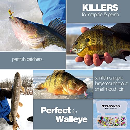 THKFISH 50Pcs/Box Ice Fishing Jigs Set Ice Fishing Lures Walleye Jigs Heads for Ice Fishing Gear Kit Panfish Crappie Perch Jigs Ice Fishing Box A