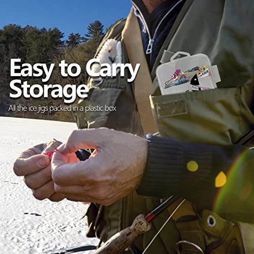 THKFISH 50Pcs/Box Ice Fishing Jigs Set Ice Fishing Lures Walleye Jigs Heads for Ice Fishing Gear Kit Panfish Crappie Perch Jigs Ice Fishing Box A