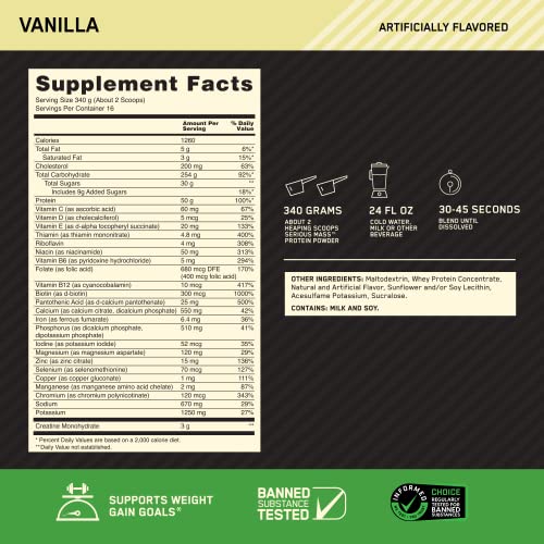 Optimum Nutrition Serious Mass Weight Gainer Protein Powder Vitamin C Zinc and Vitamin D for Immune Support Vanilla 12 Pound (Packaging May Vary)