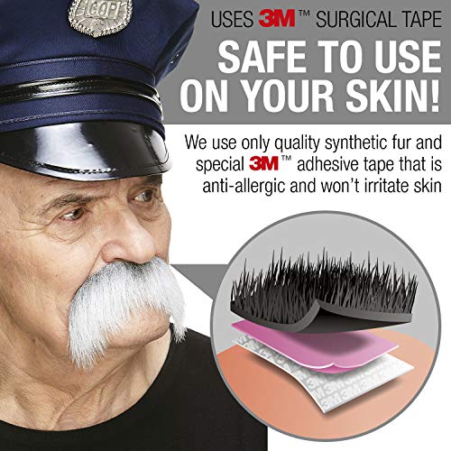 Mustaches Self Adhesive Walrus Fake Mustache, Novelty, Realistic False Facial Hair for Adults, Costume Accessory for Adults, Gray and White Color