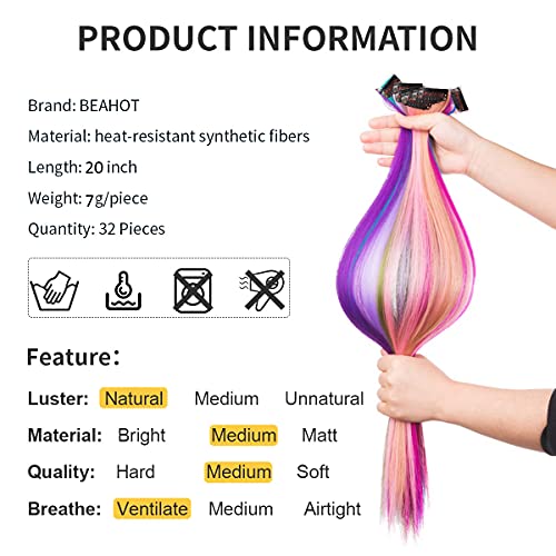 BEAHOT 32 PCS Colored Clip in Hair Extensions 20 Inch Rainbow Long Straight Hairpieces Clip in Synthetic, Halloween Cosplay Dress Up Fashion Party Christmas New Year Gift for Women Kids Girls