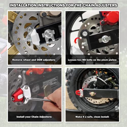 Canitu Chain Axle Adjuster Kit for Honda Grom's 2014-2021, CNC Billet Aluminum Motorcycle Chain Adjusting Tool Rear Axle Swingarm Spool Chain Adjuster Tensioner Mods (Red)