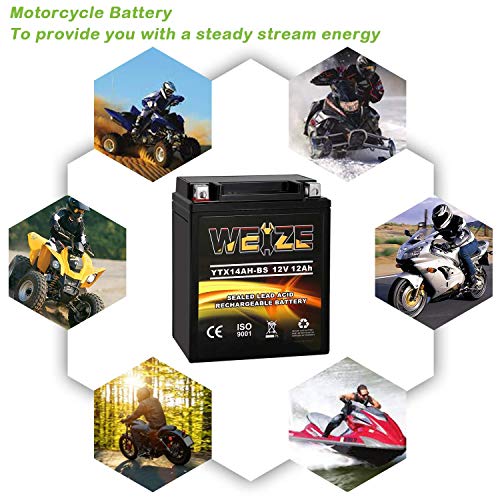 Weize YTX14AH-BS High Performance - Maintenance Free-Sealed AGM ATV Motorcycle Battery for Polaris Sportsman 570 Trail Blazer 250 Ranger 400 500 Suzuki King Quad 300 QuadRunner 250