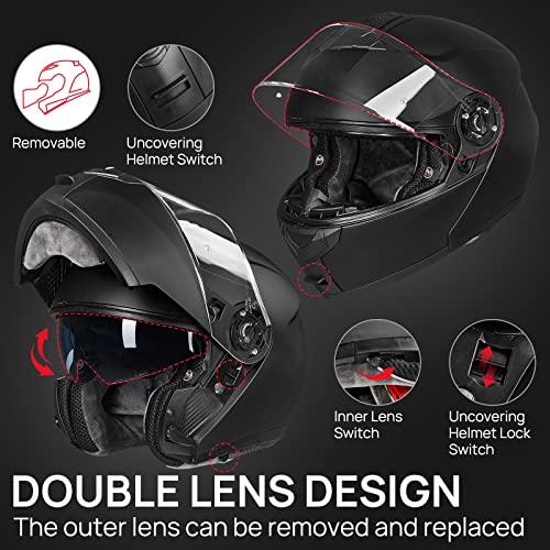 ILM Adult Motorcycle Modular Full Face Helmet Flip up Dual Visor DOT Approved Model 159(Matte Black,Large)