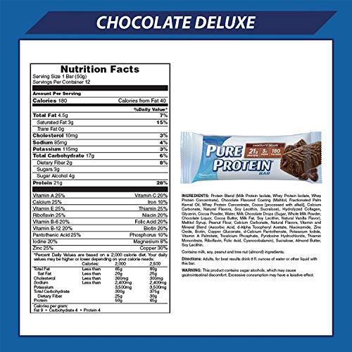 Pure Protein Bars, High Protein, Nutritious Snacks to Support Energy, Low Sugar, Gluten Free, Chocolate Deluxe, 1.76 oz., 12 Count (Packaging may vary)