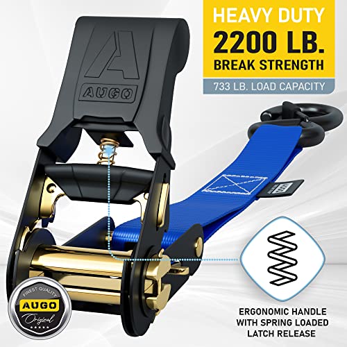 AUGO Ratchet Tie Down Straps –4 PK– 15 FT – 2,200 LB Break Strength – Safety Lock S Hooks –for Moving Cargo, Appliances, Lawn Equipment, Motorcycle – Includes 2 Bungee Cords, 4 Soft Loops, Storage Bag