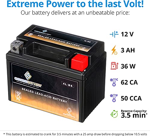 Chrome Battery YTX4L-BS Maintenance Free Replacement Battery for ATV, Motorcycle, and Scooter: 12 Volts.4 Amps, 3Ah, Nut and Bolt (T3) Terminal