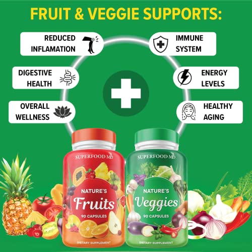 Superfood MD Fruits and Veggies Supplement - 90 Fruit and 90 Veggie Capsules -100% Whole Natural Superfood - Filled with Vitamins and Minerals - Supports Energy Levels - Made 90 Count (Pack of 2)