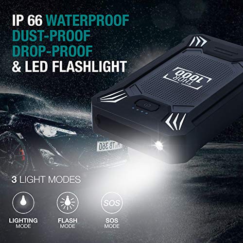 Car Battery Jump Starter Portable - 600A Peak Waterproof 12V Portable Battery Booster Pack (up to 4.0L Gas Or 2.0L Diesel Engine) Safe Auto Power Bank with USB Port, Smart Clamps & LED Flashlight