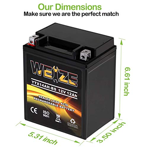 Weize YTX14AH-BS High Performance - Maintenance Free-Sealed AGM ATV Motorcycle Battery for Polaris Sportsman 570 Trail Blazer 250 Ranger 400 500 Suzuki King Quad 300 QuadRunner 250