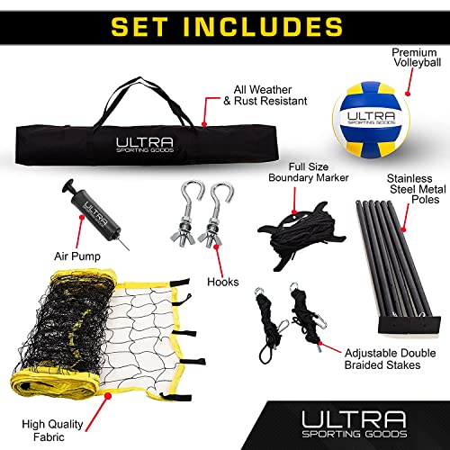 Ultra Sporting Goods Volleyball Net - Includes 32x3 Feet Regulation Size Net, 8.5-Inch PU Volleyball, Carrying Bag, Boundary Lines, Steel Poles & Pump - Height Adjustable for Men, Women & Co-Ed Games