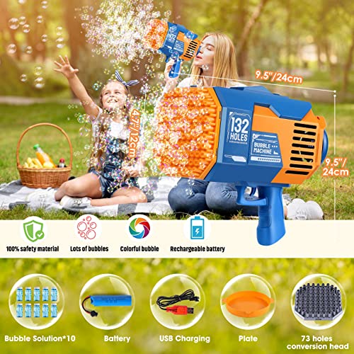 Upgraded Bubble Machine Gun with 10 Bottles Bubble Refill Solution, 73 0r 132 Holes Bubble Blower with Light,Bubble Maker Toys for Kids Adults Outdoor Indoor Birthday Wedding Party Activity (Blue )