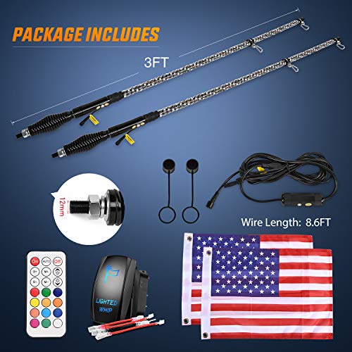 Nilight 2PCS 3FT Spiral RGB Led Whip Light with Spring Base Chasing Light RF Remote Control Lighted Antenna Whips for Can-Am ATV UTV RZR Polaris Dune Buggy Offroad Truck