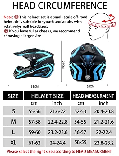 Motocross Helmet,Adult &Youth Trend Full Face Helmet,ATV Motorcycle Helmet,Dirt Bike Downhill Off-Road Mountain Bike Helmet,DOT Certified,4-Piece Set (Blue, M)