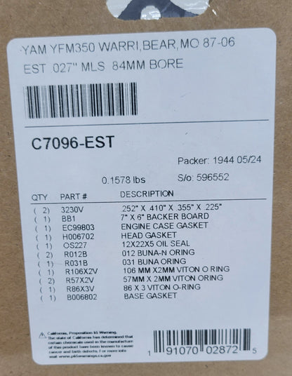 1987-2004 Yamaha Warrior 350 / 2004-2013 Raptor 350 stock bore 83mm Wiseco 10.25:1 Piston Kit Cometic Gasket set ProX cam chain
