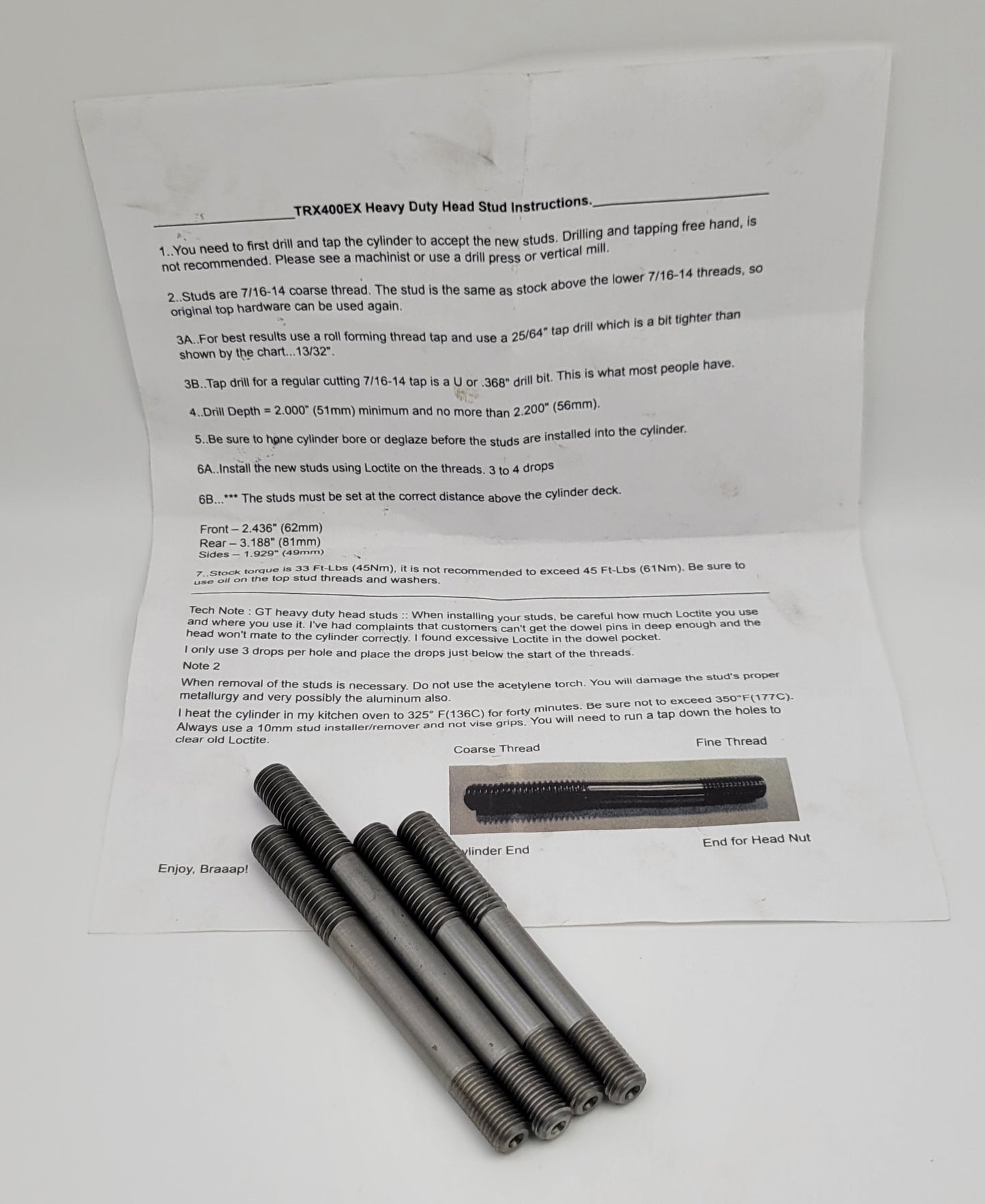 87mm CP 11:1 BIG BORE 416cc CYLINDER KIT, COMETIC GASKET & GT THUNDER STUDS FOR 1999-2014 HONDA TRX400EX / TRX400X